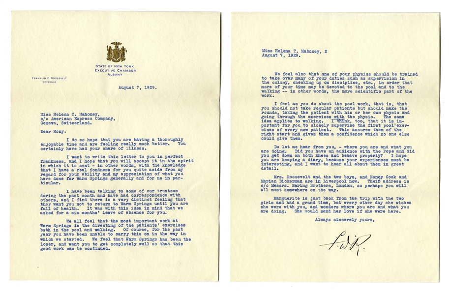 Very Candid Franklin D. Roosevelt Letter Signed, Telling His Long-Time Physical Therapist to Take a Leave of Absence -- ''...I want to write this letter to you in perfect frankness...''